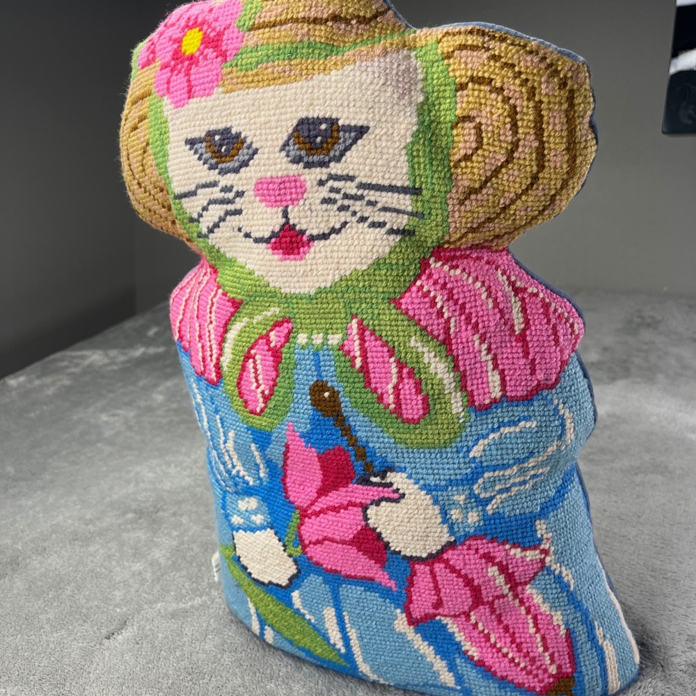 Vintage Needlepoint Cat Pillow Handmade Blue Pink‎ Floral Accent Throw Decor